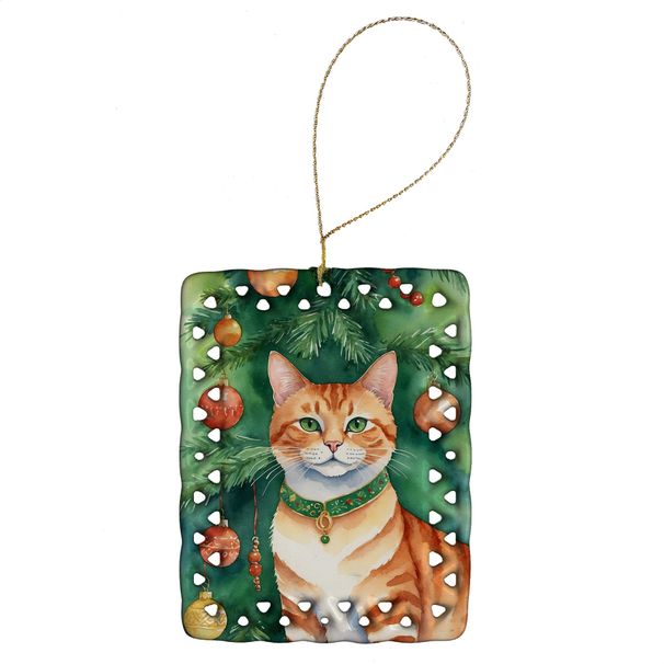 Suphalak Cat By The Christmas Tree Porcelain Ornament Christmas Tree Hanging Decorations For Home Christmas Holiday, Rectangle, Gift, Multicolor_maomaolike.com