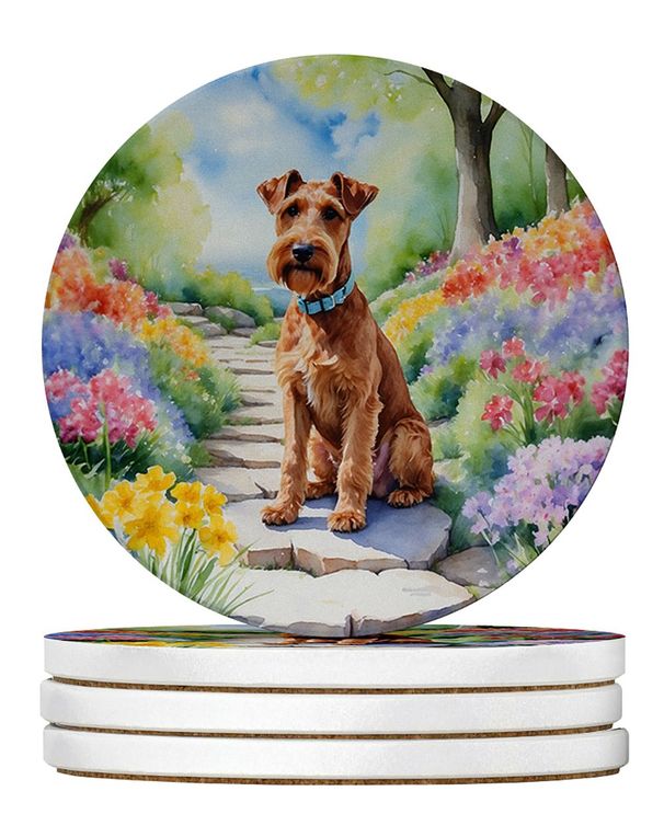 Irish Terrier Spring Path Large Sandstone Coasters Pack Of 4 Absorbent Round Coasters Decor Gifts For Men Or Women, 4 In, Multicolor_maomaolike.com