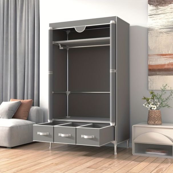 Three Drawer Boxes No-Tool Assembly Hanging Rack Non-Woven Fabric Storage Organizer Portable Clothes Closet Rolling Door Wardrobe_maomaolike.com