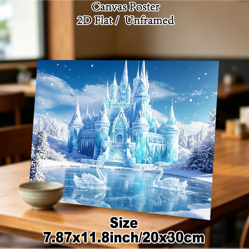 Ice Castle Painting Poster, Enchanting Icy Fantasy Scene With Ice Swans & Snowy Trees Poster, Magical Winter-themed Decor Ideal For Bedroom, Living_maomaolike.com