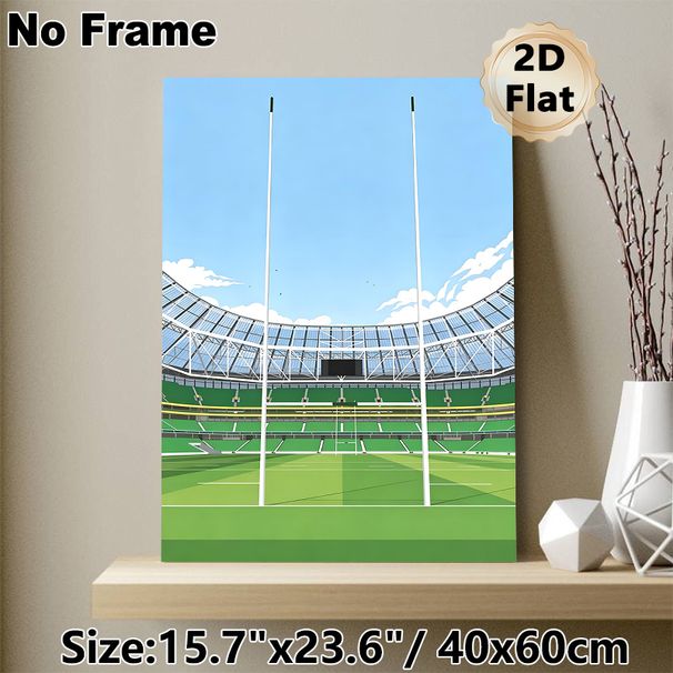 Rugby Stadium Themed Painting Poster, Vibrant Flat Graphic Style Rugby Stadium With Goalposts Poster, Sports-inspired Wall Decor Ideal For Home, Game_maomaolike.com