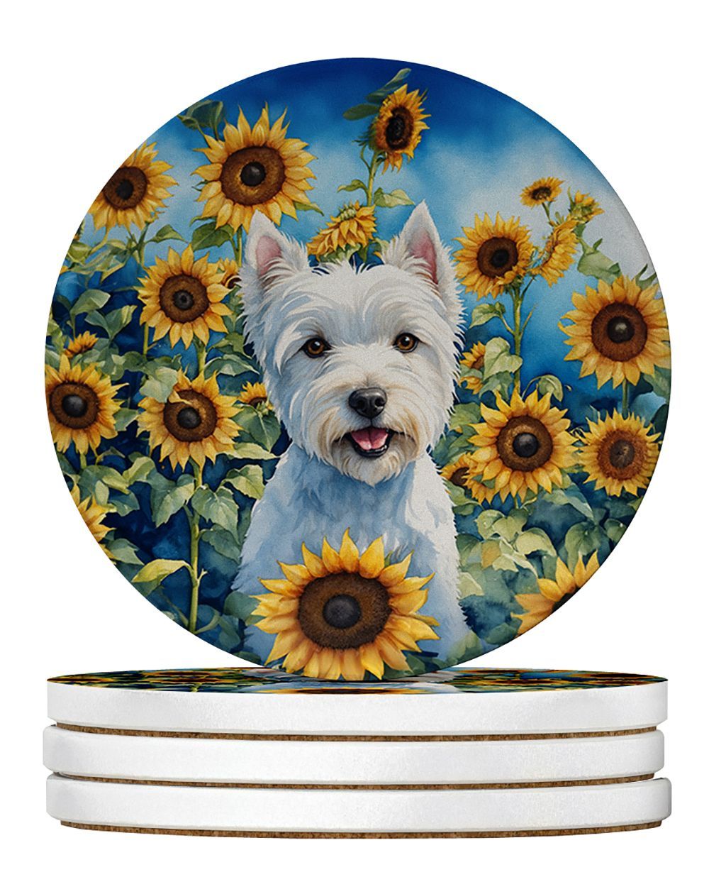 Westie In Sunflowers Large Sandstone Coasters Pack Of 4 Absorbent Round Coasters Decor Gifts For Men Or Women, 4 In, Multicolor_maomaolike.com