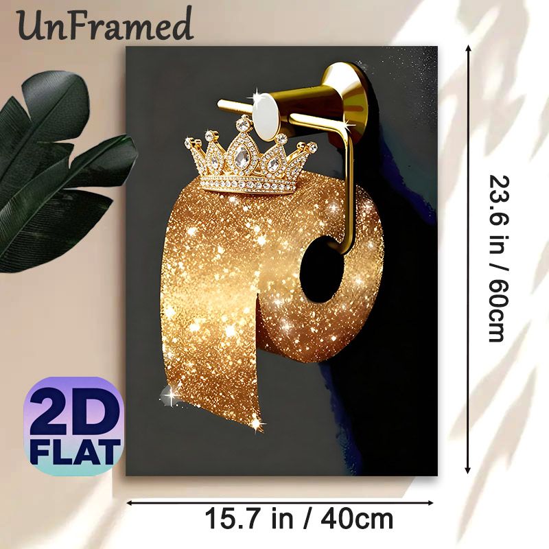 Crown-adorned Glittery Toilet Paper Painting Poster, Sparkly Glamorous Gold Glitter Poster, Whimsical Elegant Design Adds Chic Touch For Bathroom Wall_maomaolike.com