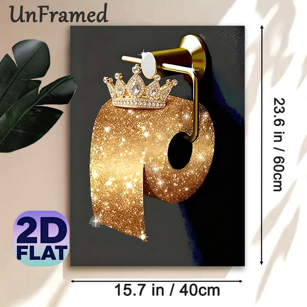 Crown-adorned Glittery Toilet Paper Painting Poster, Sparkly Glamorous Gold Glitter Poster, Whimsical Elegant Design Adds Chic Touch For Bathroom Wall_maomaolike.com
