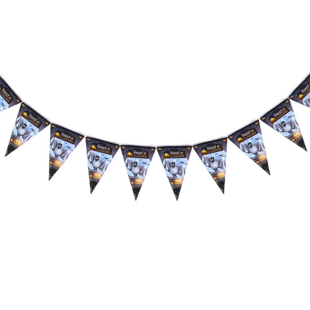 Halloween Paper Flag Bunting With Pumpkin, Ghost, Skull & Witch Designs, 19x28cm Colorful Hanging Party Decorations._maomaolike.com