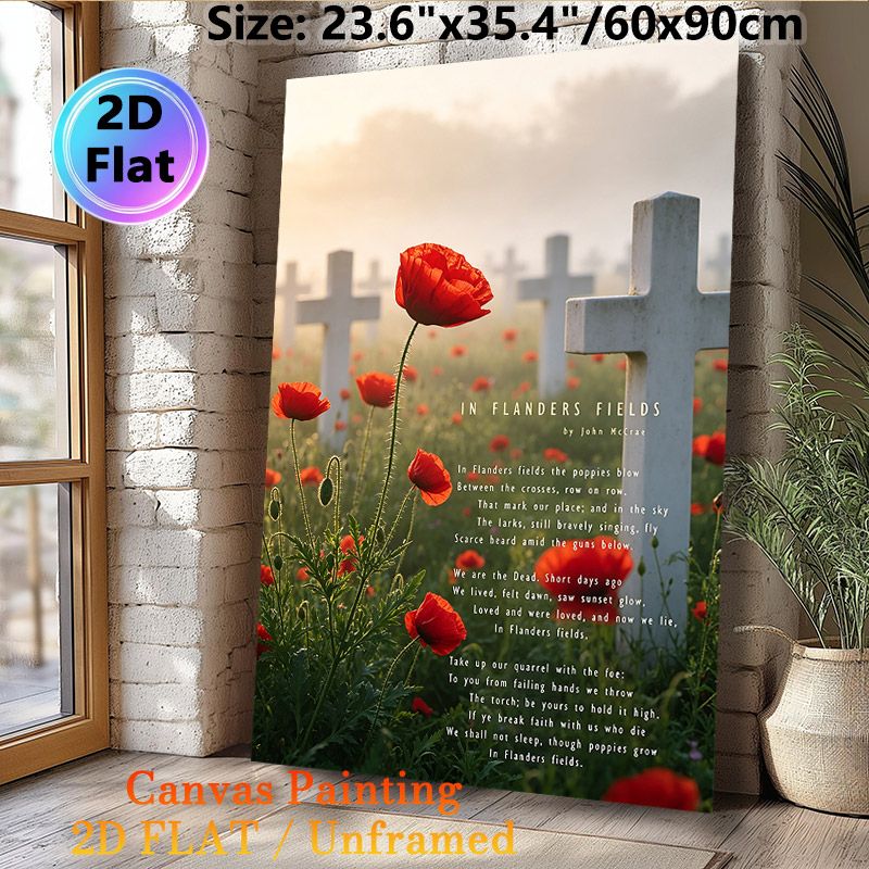 In Flanders Fields Poppy & Cross Painting Poster, Misty Sunlit Poppy Field With Crosses And Classic Poem Poster, Commemorative Decor Ideal For Home_maomaolike.com