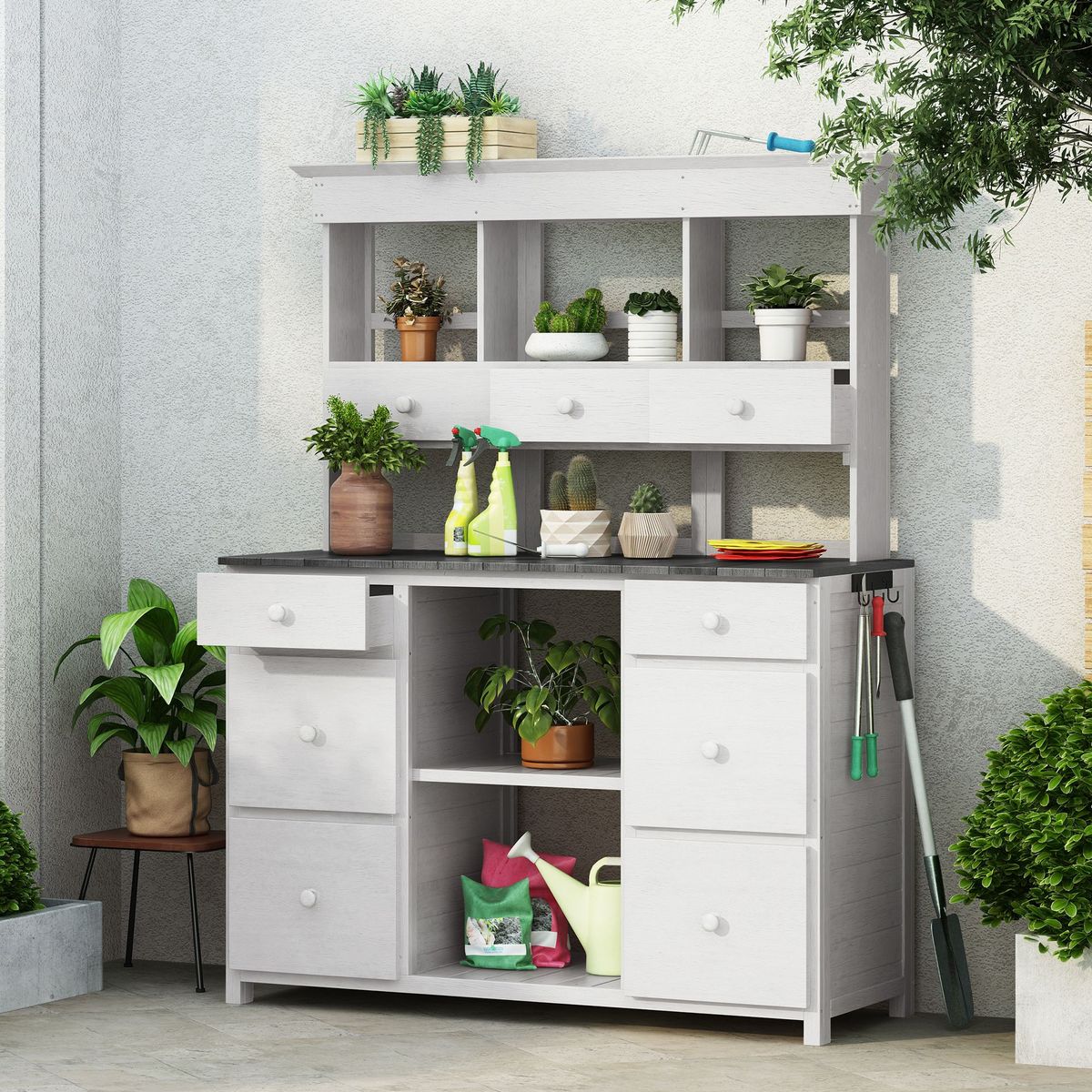 Garden Potting Bench Table, Rustic And Sleek Design With Multiple Drawers And Shelves For Storage_maomaolike.com
