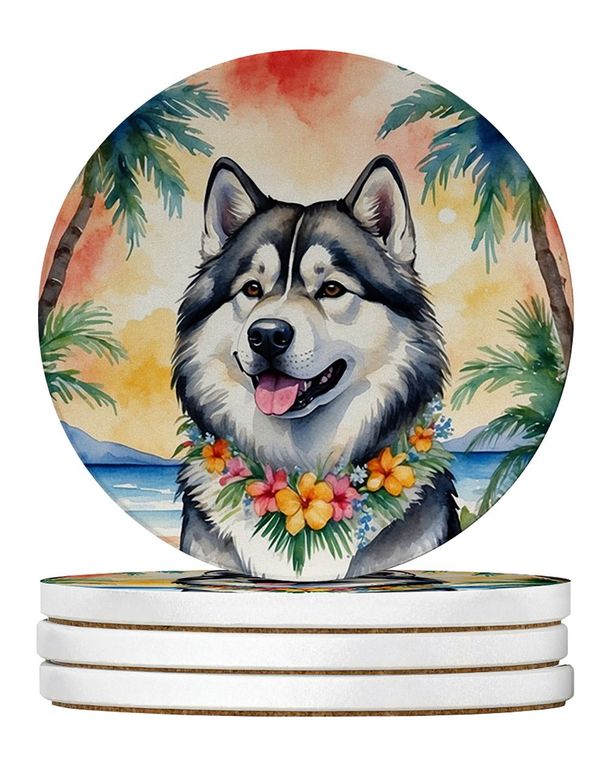 Alaskan Malamute Luau Large Sandstone Coasters Pack Of 4 Absorbent Round Coasters Decor Gifts For Men Or Women, 4 In, Multicolor_maomaolike.com