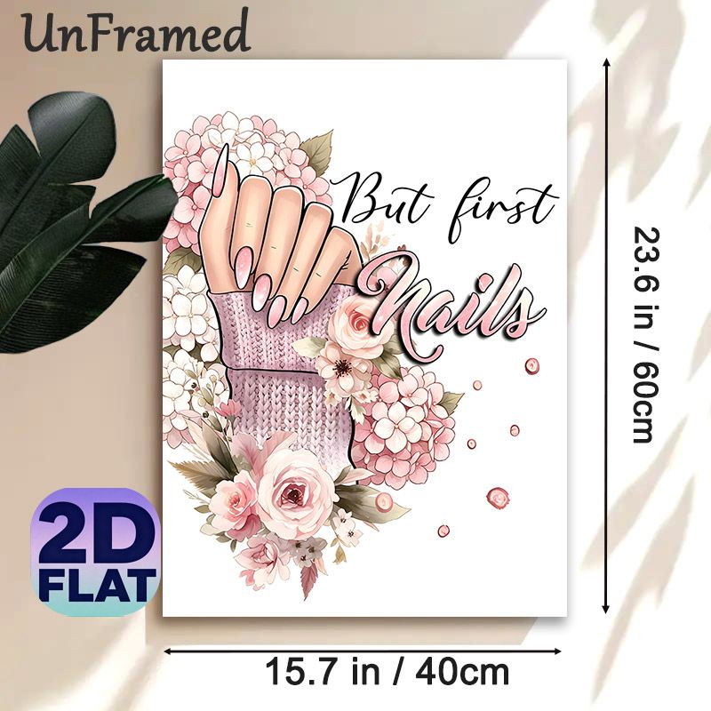 Nail & Floral Themed Painting Poster, Soft Watercolor Style Pastel Pink Manicured Hand With Blooming Flowers & "But First Nails" Text Poster, Charming_maomaolike.com