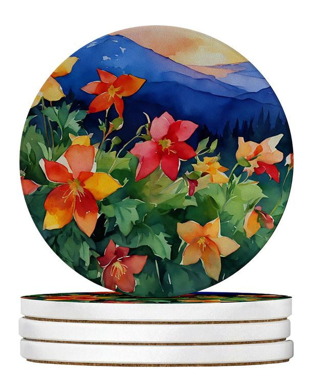 Colorado Rocky Mountain Columbine In Watercolor Large Sandstone Coasters Pack Of 4 Absorbent Round Coasters Decor Gifts For Men Or Women, 4 In, Multicolor_maomaolike.com
