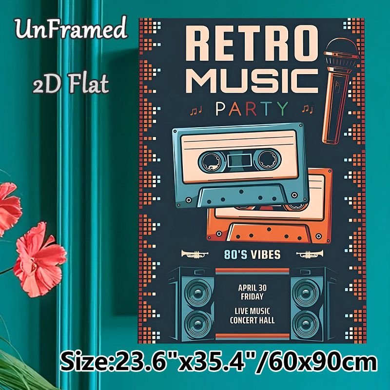 Retro 80s Music Party Painting Poster, Vibrant Vintage-style Poster, Featuring Cassettes, Microphone And Speakers, Nostalgic Music-themed Decor For_maomaolike.com