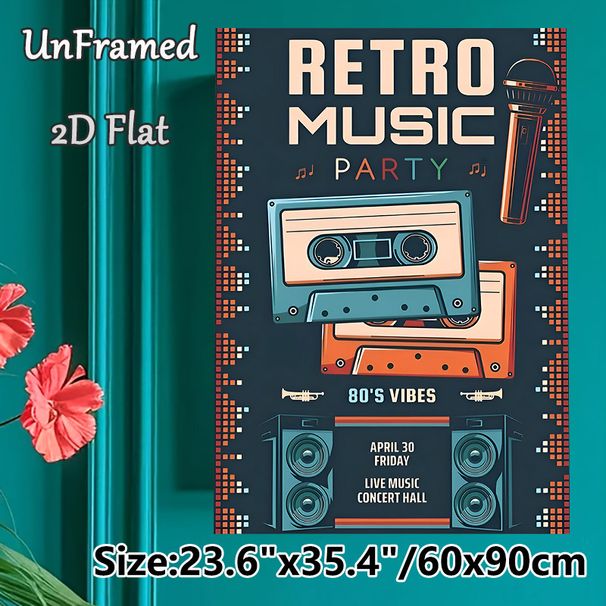 Retro 80s Music Party Painting Poster, Vibrant Vintage-style Poster, Featuring Cassettes, Microphone And Speakers, Nostalgic Music-themed Decor For_maomaolike.com