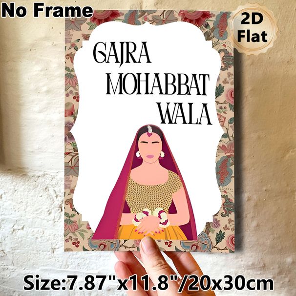 South Asian Bride Themed Painting Poster, Vibrant Bohemian Floral Bordered Stylized Bride Illustration Poster, Cultural Aesthetic Decor For Home_maomaolike.com