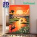 Riverside Sunset Village Landscape Painting Poster, Warm-hued Idyllic Riverside Scene Poster, Serene Tranquil Decor Suitable For Living Room, Bedroom_maomaolike.com