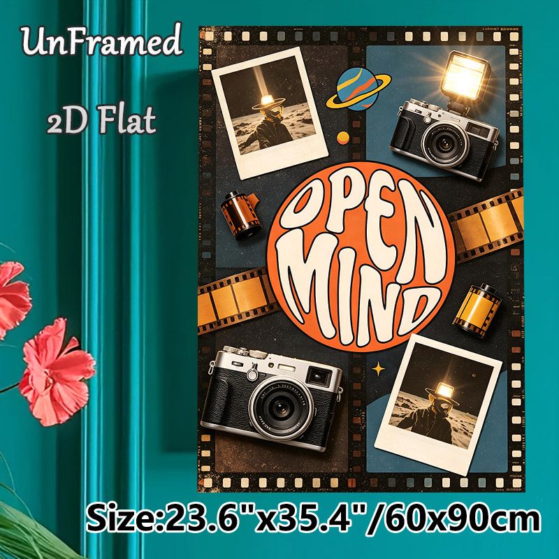 Vintage Camera & Space "Open Mind" Painting Poster, Retro Nostalgic Collage Poster, Featuring Classic Cameras, Film Rolls And Space-themed Photos_maomaolike.com