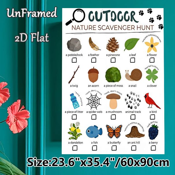 Outdoor Nature Scavenger Hunt Painting Poster, Bright Illustrated Natural Items Poster, Practical Exploration Checklist, Ideal For Outdoor Adventures_maomaolike.com