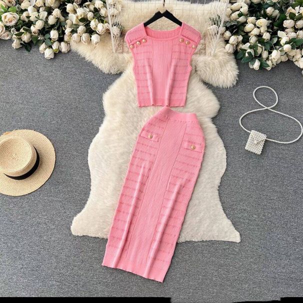 Women's Clothing sleeveless tops all match high waist skirt temperament lady style two piece suit_maomaolike.com