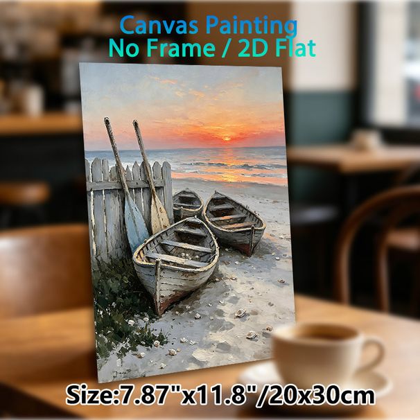 Sunset Beach Fishing Boat Painting Poster, Vintage Textured Coastal Scene Poster, Tranquil Seaside Artwork Suitable For Living Room, Bedroom And_maomaolike.com