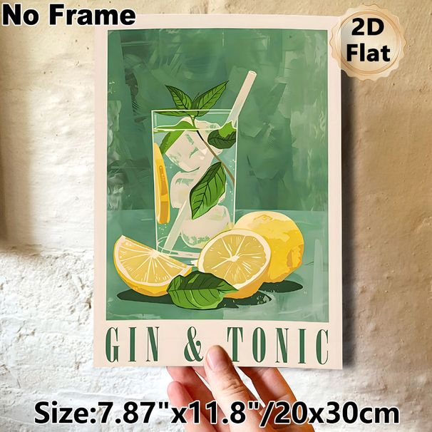 Gin & Tonic Themed Painting Poster, Soft-hued Illustrative Cocktail & Lemon Scene Poster, Refreshing Decor Choice For Kitchen, Bar Or Dining Space_maomaolike.com