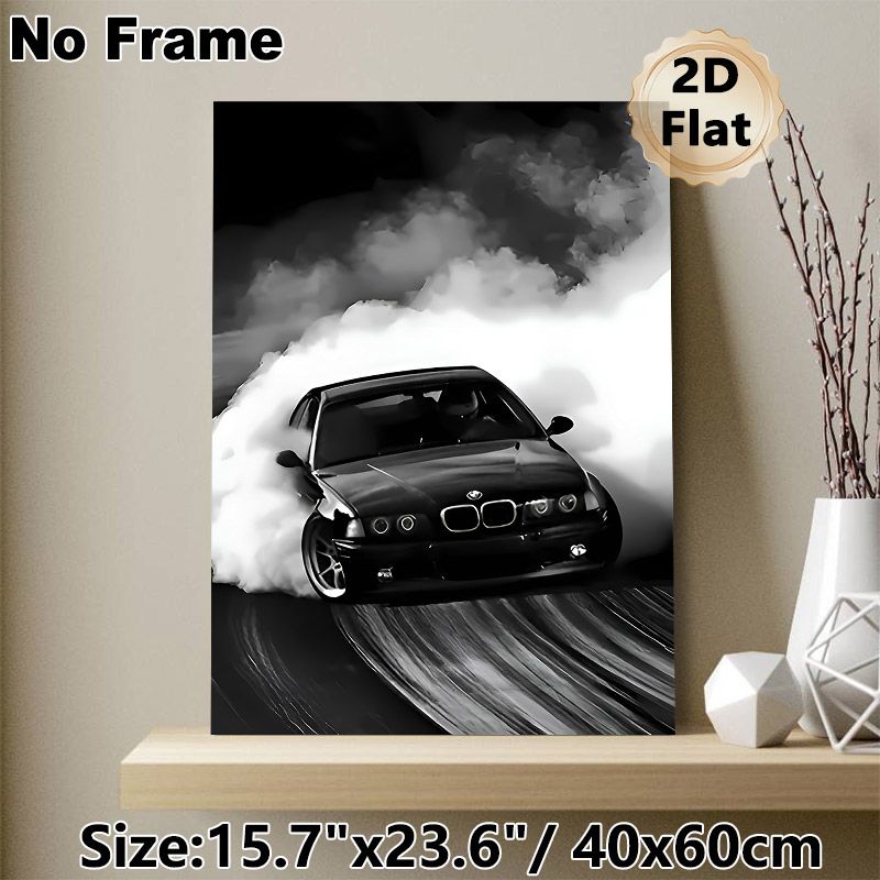Drift Car Painting Poster, Monochrome Dynamic Drifting Car Scene Poster, Sleek Black Auto With Dramatic Smoke Effect, Ideal For Garage, Man Cave Or_maomaolike.com