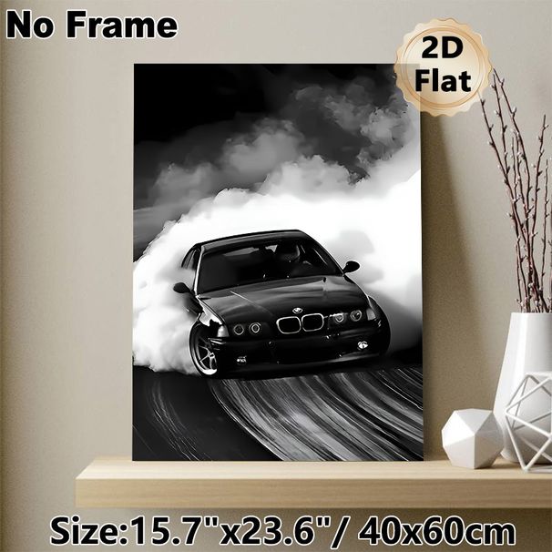 Drift Car Painting Poster, Monochrome Dynamic Drifting Car Scene Poster, Sleek Black Auto With Dramatic Smoke Effect, Ideal For Garage, Man Cave Or_maomaolike.com