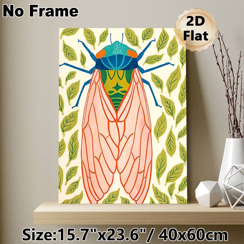 Cicada Themed Painting Poster, Vibrant Bohemian Style Colorful Cicada & Leaf Pattern Poster, Eye-catching Nature-inspired Decor For Living Room_maomaolike.com