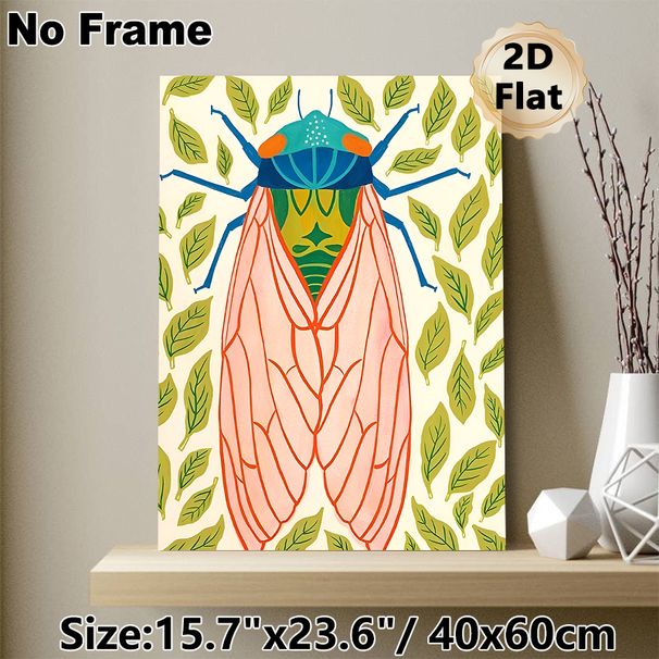 Cicada Themed Painting Poster, Vibrant Bohemian Style Colorful Cicada & Leaf Pattern Poster, Eye-catching Nature-inspired Decor For Living Room_maomaolike.com