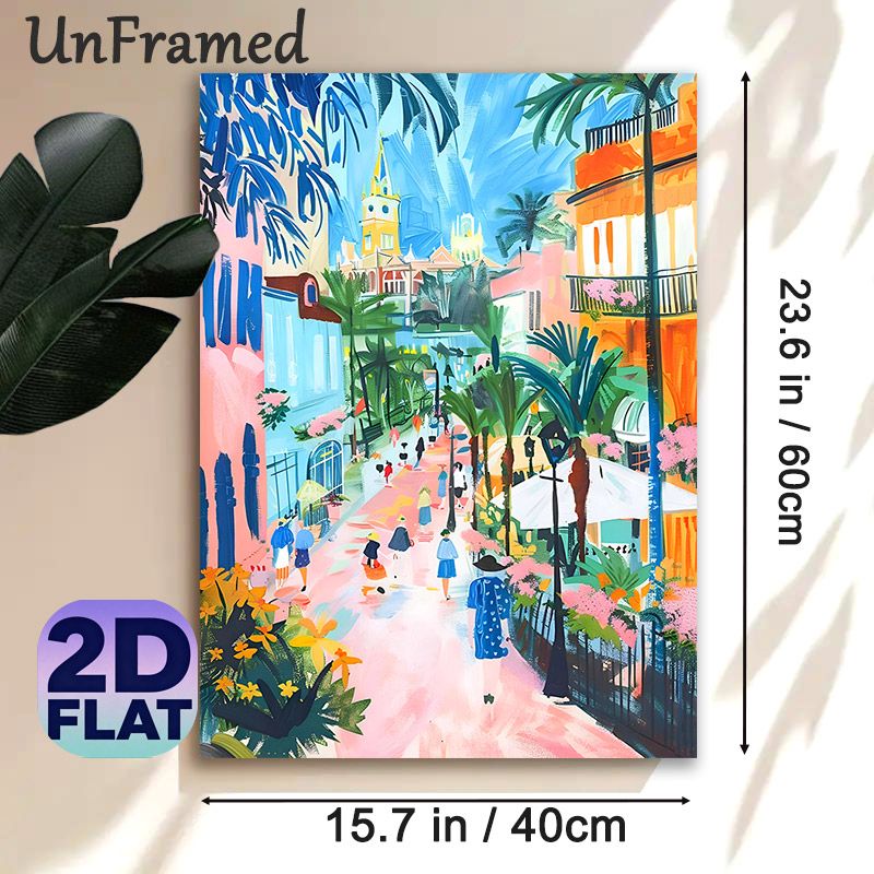 Tropical Town Street Painting Poster, Vibrant Brushstroke Style Poster, Lively Colorful Town Scene With Palm Trees And Pedestrians, Brings Warm_maomaolike.com