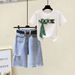Women's Clothing fashion color matching embroidery short-sleeved T-shirt raw edge hip-wrapped A-line high waist denim skirt_maomaolike.com