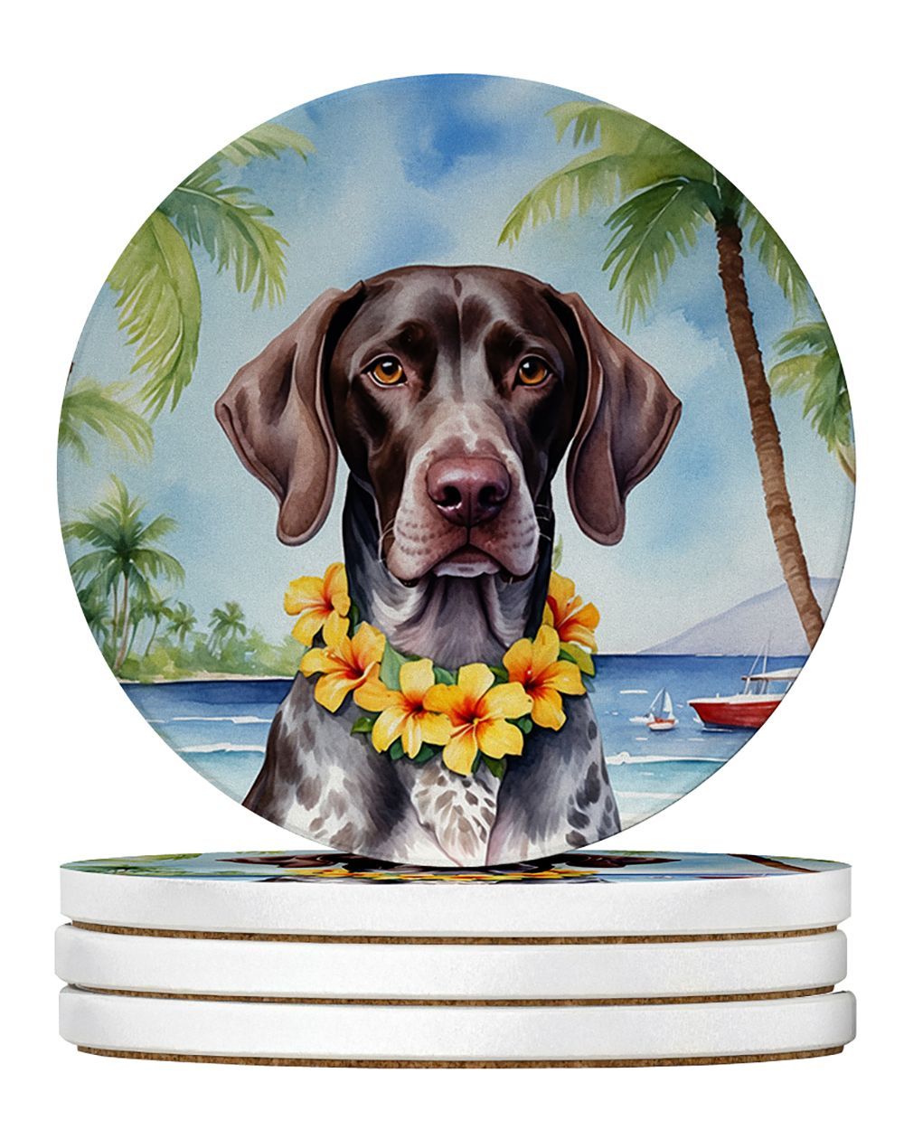 German Shorthaired Pointer Luau Large Sandstone Coasters Pack Of 4 Absorbent Round Coasters Decor Gifts For Men Or Women, 4 In, Multicolor_maomaolike.com