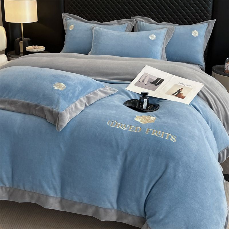 Winter Thickened Milk Velvet Four-Piece Set Coral Simple Solid Color Embroidered Duvet Cover Bed Sheet Double-Sided Fleece Bedding_maomaolike.com