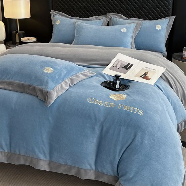 Winter Thickened Milk Velvet Four-Piece Set Coral Simple Solid Color Embroidered Duvet Cover Bed Sheet Double-Sided Fleece Bedding_maomaolike.com