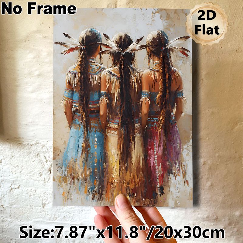 Native American Women Painting Poster, Warm-toned Impressionist-style Poster, Artistic Cultural Wall Decor Featuring Feather-adorned Traditional_maomaolike.com