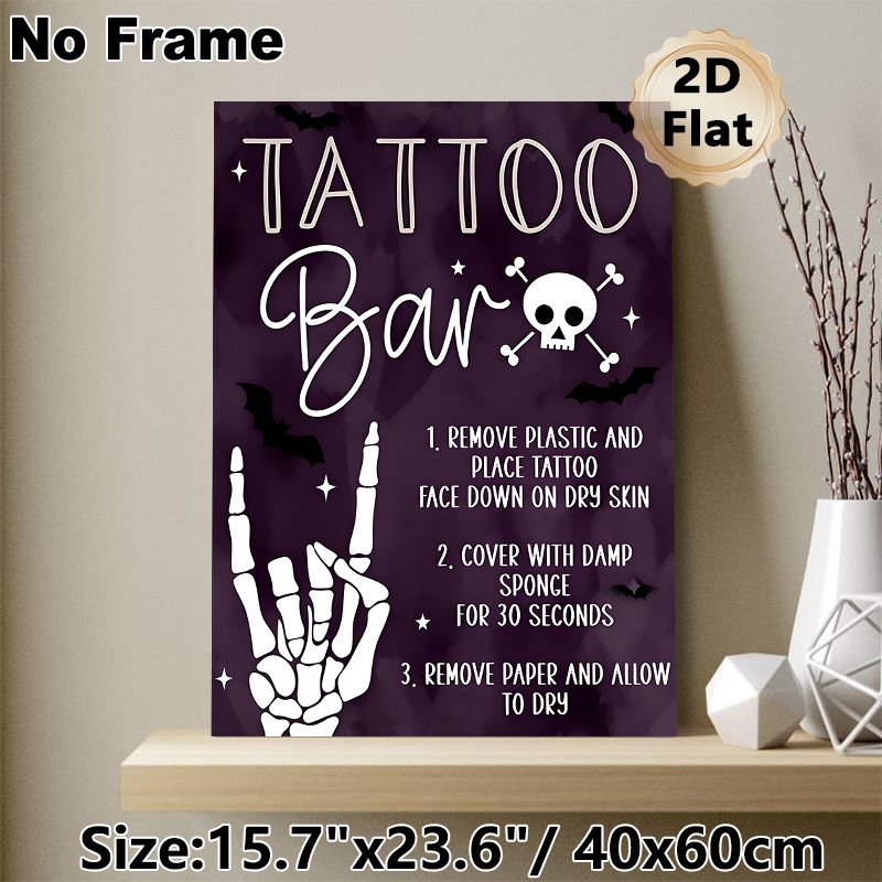 Halloween Tattoo Bar Painting Poster, Dark Purple Watercolor-style Poster, Features Clear Temporary Tattoo Application Steps, Suitable For Halloween_maomaolike.com