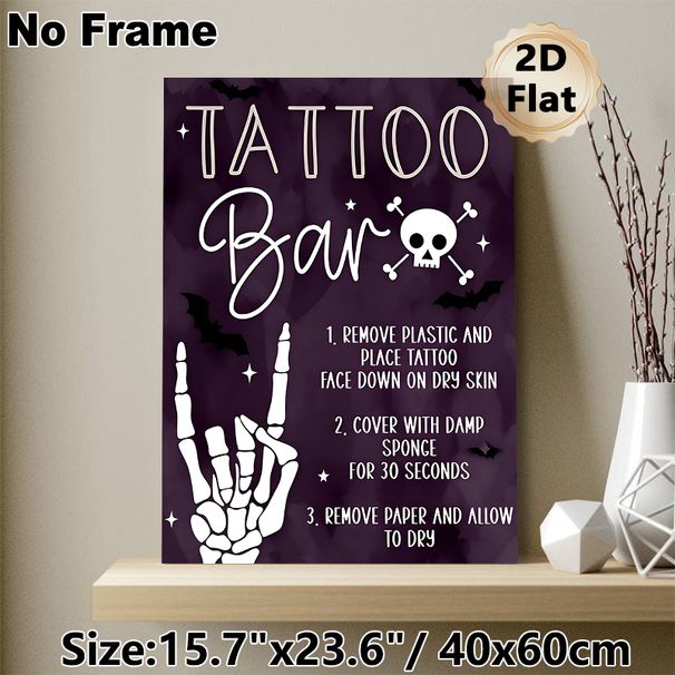 Halloween Tattoo Bar Painting Poster, Dark Purple Watercolor-style Poster, Features Clear Temporary Tattoo Application Steps, Suitable For Halloween_maomaolike.com