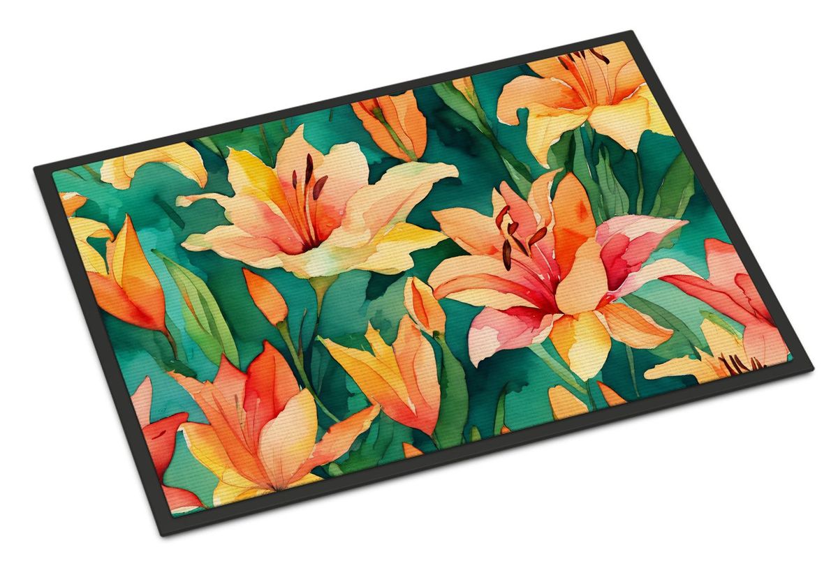 Lilies In Watercolor Doormat Front Door Mat Indoor Outdoor Rugs For Entryway, Non Slip Washable Low Pile, 24H X 36W_maomaolike.com