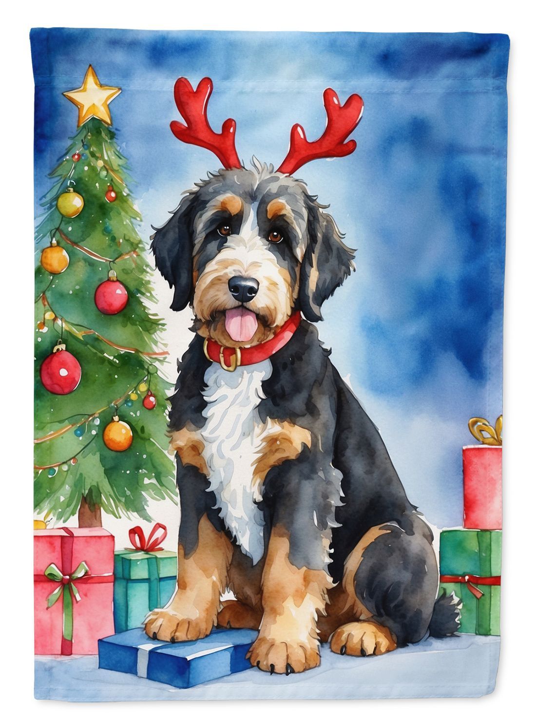 Bernedoodle Christmas Reindeer House Flag Large Porch Sleeve Pole Decorative Outside Yard Banner Artwork Wall Hanging, Polyester, House Size, Multicolor_maomaolike.com