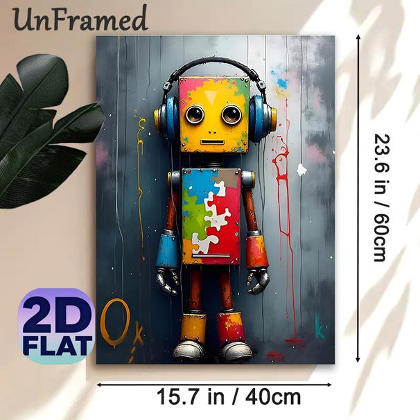 Robot With Headphones Painting Poster, Vibrant Graffiti-style Poster, Colorful Worn Robot With Puzzle-pattern Torso, Unique Artistic Wall Decor For_maomaolike.com