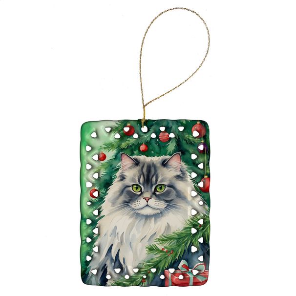 British Longhair Cat By The Christmas Tree Porcelain Ornament Christmas Tree Hanging Decorations For Home Christmas Holiday, Rectangle, Gift, Multicolor_maomaolike.com