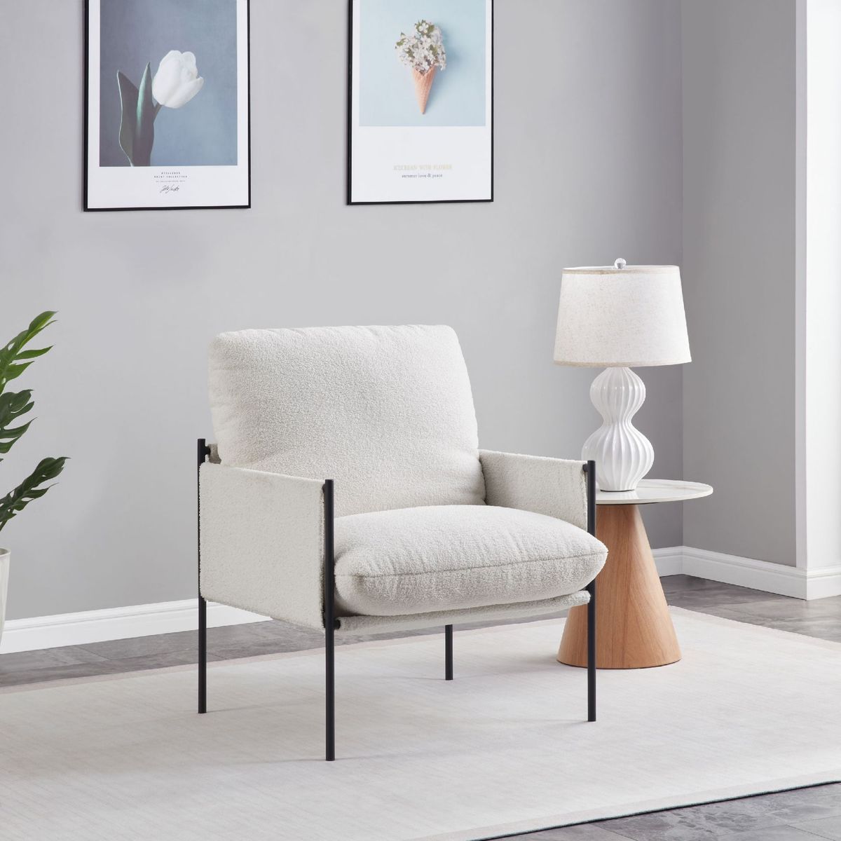 Modern Accent Chair, Comfy Chair With Removable Cushion, Vanity Chair With Wood Armrests For Living Room, Bedroom, White_maomaolike.com