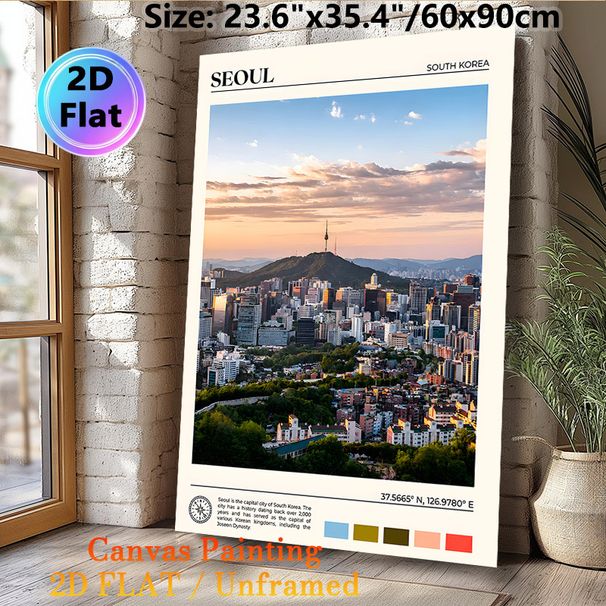 Seoul Cityscape Painting Poster, Warm-toned Vintage Travel-style Poster, Stunning Sunset Skyline Featuring N Seoul Tower, Ideal For Home, Office And_maomaolike.com