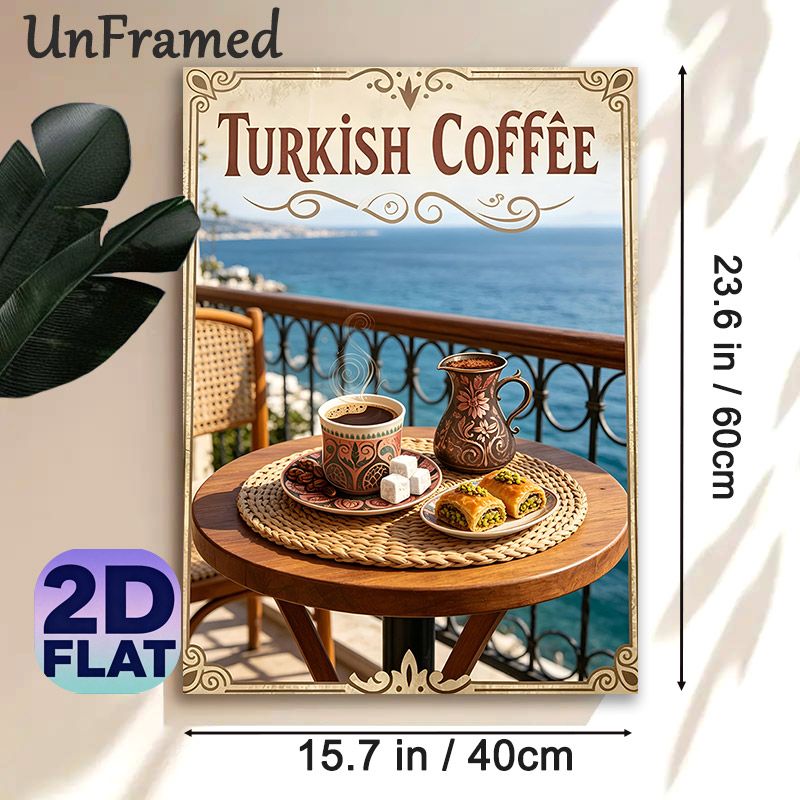 Turkish Coffee Painting Poster, Warm-toned Coastal Terrace Scene Poster, Nostalgic Design Ideal For Coffee Shops, Dining Areas And Home Walls_maomaolike.com