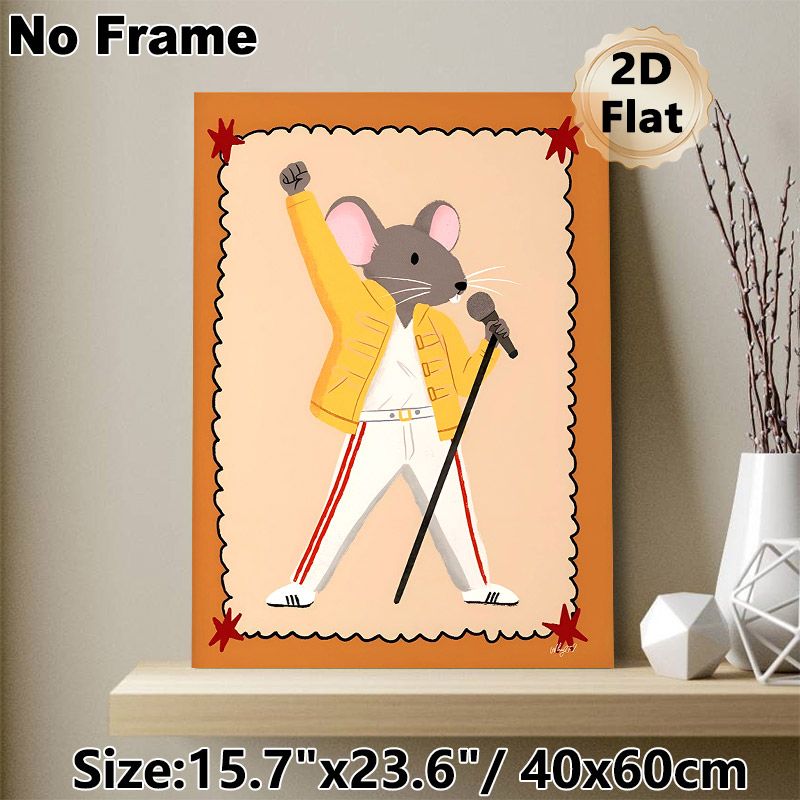 Singing Mouse Painting Poster, Vibrant Cartoon Style Poster, Playful Rock-star Mouse Design With Raised Fist And Microphone, Charming Decor For Living_maomaolike.com