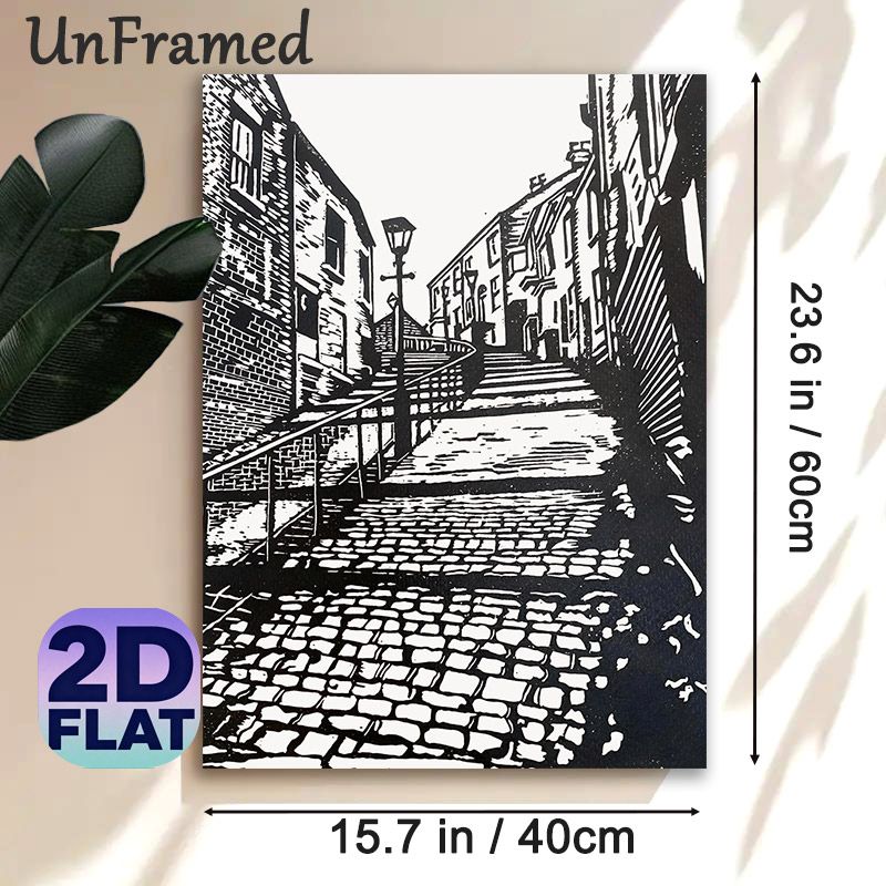 Vintage Cobblestone Alleyway Painting Poster, Monochrome Linocut-style Poster, Classic Nostalgic Urban Scene With Old Buildings And Street Lamp_maomaolike.com
