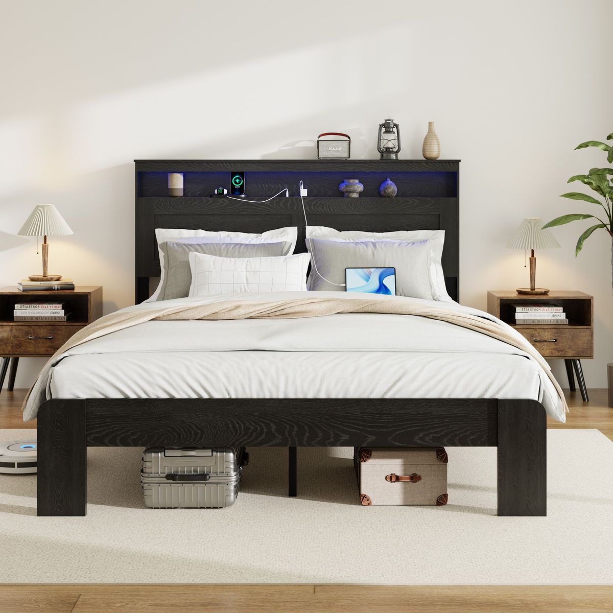 Bed Frame Queen Size, Wood Platform Bed Frame With Storage LED Light Headboard And 2 USB , Noise Free,No Box Spring Needed And Easy Assembly Tool,Large Under Bed Storage,Dark Black_maomaolike.com