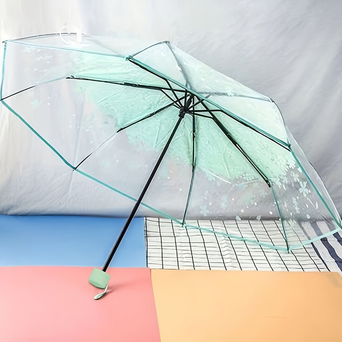 Transparent Cherry Blossom Pattern Folding Umbrella, 8 Ribs Casual Lightweight Portable Rain Gears For Men's & Women's Outdoor Activities_maomaolike.com