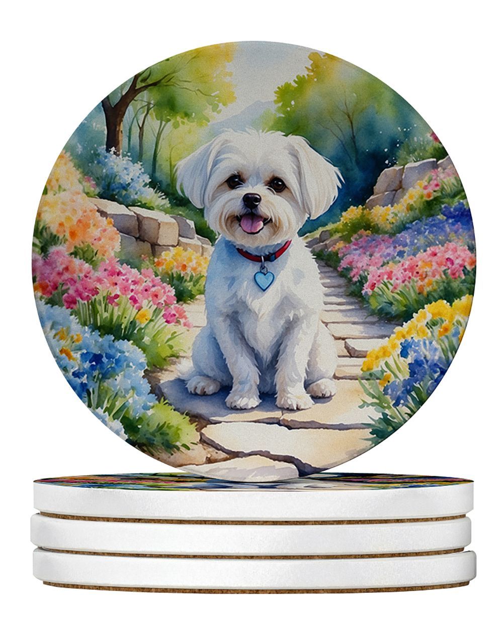 Maltese Spring Path Large Sandstone Coasters Pack Of 4 Absorbent Round Coasters Decor Gifts For Men Or Women, 4 In, Multicolor_maomaolike.com