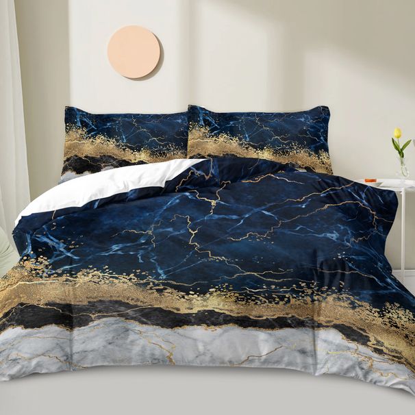 Chic Bedding White Marble Gilded Navy Blue Trendy Printed Design Bed Quilt Set Double 1 Duvet Cover 2 Pillowcases_maomaolike.com