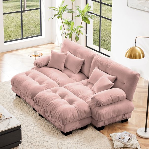 Cloud Couch Sleeper Sofa For Living Room, Chenille 2 Seater Sofa With 2 Lumbar Pillows And 2 Throw Pillows , Upholstered Wide Arm Sofa With 2 Ottomans,Chenille Pink_maomaolike.com