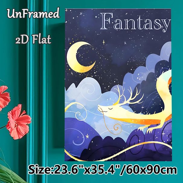 Fantasy Dragon Painting Poster, Soft-toned Whimsical Celestial Scene Poster, Dreamy Night Sky Design To Bring Tranquil Vibe For Bedroom, Living Room_maomaolike.com